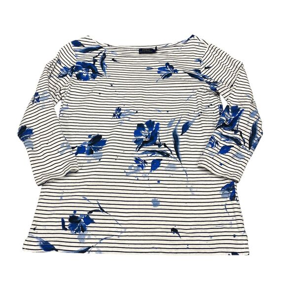 Polo Ralph Lauren Tops - Polo Ralph Lauren Top Women's Medium White Blue Flowers and Stripes 3 /4 Sleeves